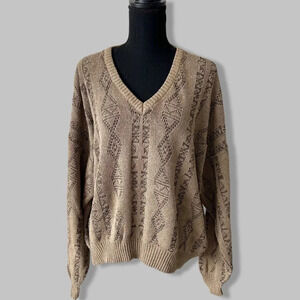 Tan Colour Laser Cut V Neck Pullover Sweater